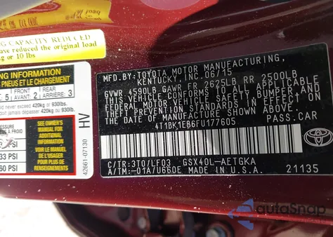 2015 Toyota Avalon Xle Premium z USA, uszkodzony, nr VIN 4T1BK1EB6FU177605